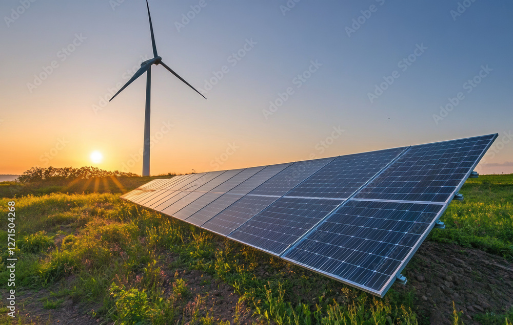 Aufkleber solar panel array and wind turbine in green field during sunset, symbolizing renewable energy and su