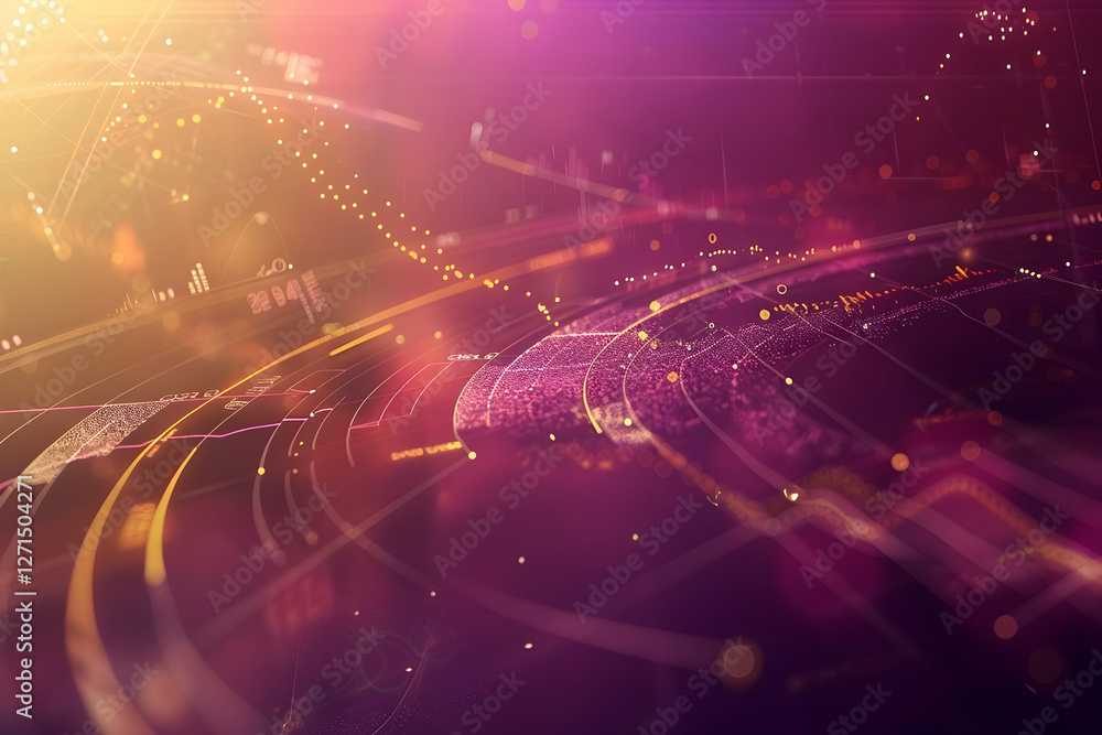 Poster abstract digital landscape featuring vibrant colors and intricate data visualizations in motion