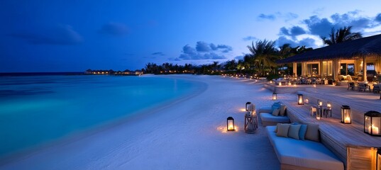 Romantic Beachfront Dining Cozy Cushions, Glowing Lanterns, and Tranquil Ocean Views at Twilight