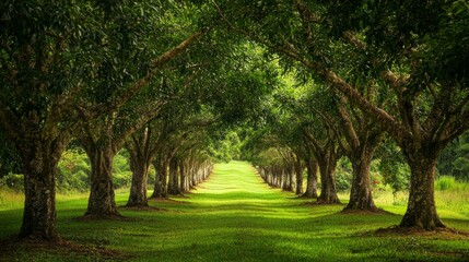 Obraz premium Serene Row of Lush Green Trees in a Tranquil Natural Setting