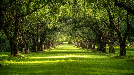 Naklejka premium Serene Path Through Lush Green Orchard in Bright Summer Light
