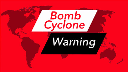 Bomb cyclone warning.  A television weather banner, known as an “over the shoulder”  is seen with a map of the world showing the United States. Colors are red, black and white and this is a vector gra © Rob Goebel