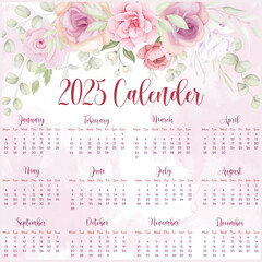 2025 Calendar template. 2025 Calendar. 2025 annual calendar template with floral. floral calendar. floral 2025 calendar. Calendar.