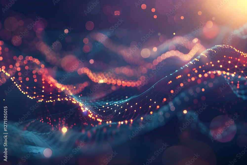 Poster abstract representation of glowing waves with vibrant colors and bokeh effects in a digital landscap