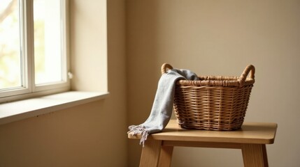 A soft, neutral-toned textile draped over a light brown wicker basket resting on a simple wooden stool near a bright window