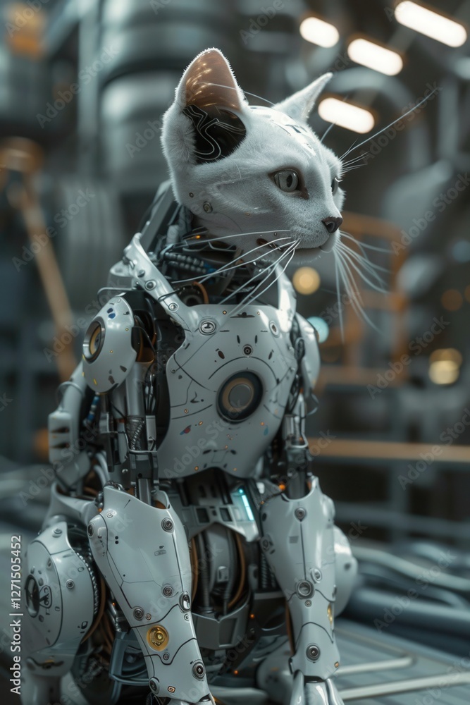 Poster a futuristic robotic cat sits in a tech-filled environment, blending organic features with mechanica