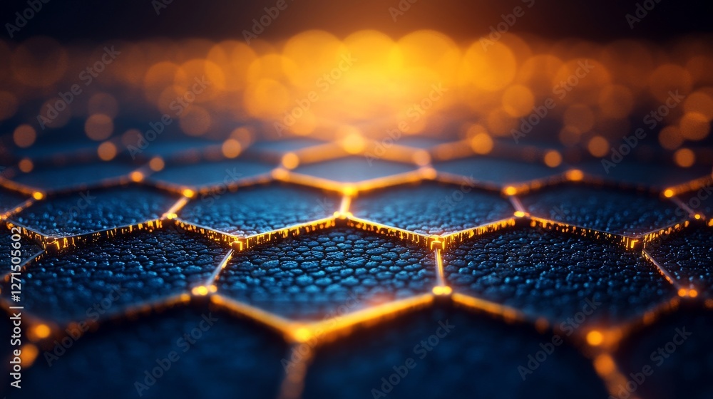 Aufkleber abstract hexagon pattern with golden lines on dark blue textured surface, illuminated by warm light.