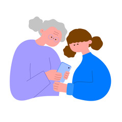 Young Girl Teaching Elderly Woman to Use Smartphone