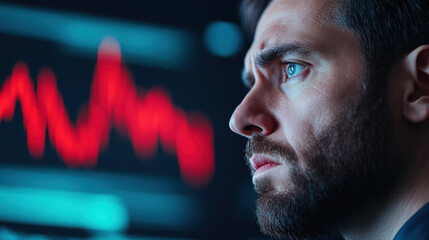 Focused caucasian adult man analyzing stock market graph with intense expression financial insights concept