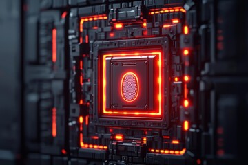 Hightech vault with glowing fingerprint lock, cyberpunk atmosphere, 3D illustration
