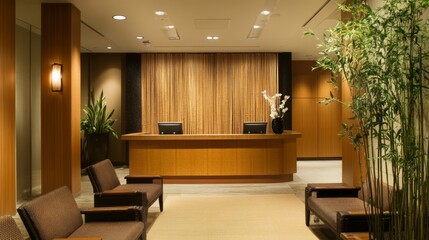 A Tranquil and Stylish Lobby Reception Area with Wooden Accents and Bamboo Walls