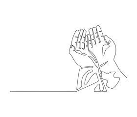 Continuous one line drawing of Islamic prayer hand. Single line drawing illustration symbol of Islamic prayer. Ramadan kareem concept vector art. Doodle line illustration.