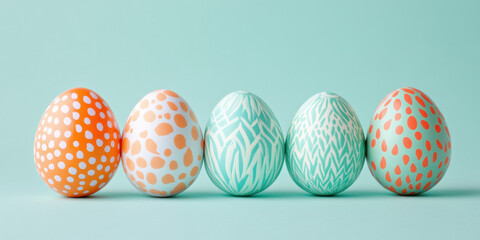 Colorful pastel Easter eggs with geometric patterns arranged in row on teal background decorative...