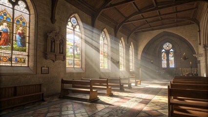 Fototapeta premium Charming church interior illuminated by radiant beams of light, embodying warmth and sacred reflection
