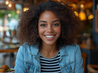 Attractive African American Woman Enjoying a Meal at an Outdoor Food Court – Casual Dining in a Denim Jacket and Striped Shirt