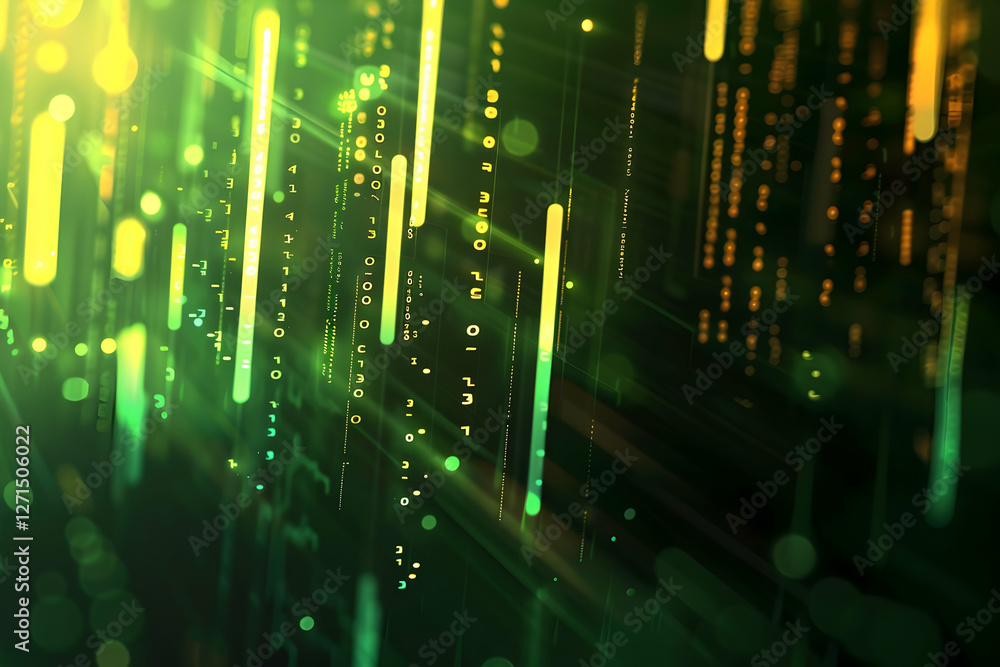 Poster abstract digital background with glowing green lines and binary code, creating a futuristic atmosphe