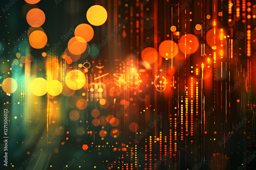 Poster abstract vibrant digital background with colorful bokeh lights and data patterns in a modern setting