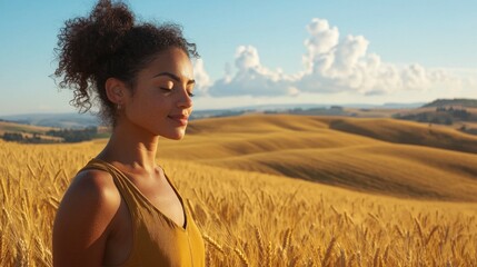 Obraz premium Woman Enjoying Serenity in Golden Wheat Field Under Blue Sky