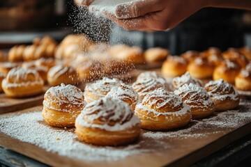 Pastry chef sprinkling icing sugar on delicious cream puffs in bakery