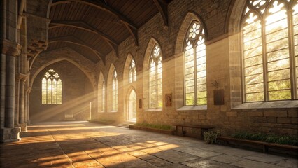 Brightly lit church hallway with sunlit windows and greenery, symbolizing tranquility and divine inspiration