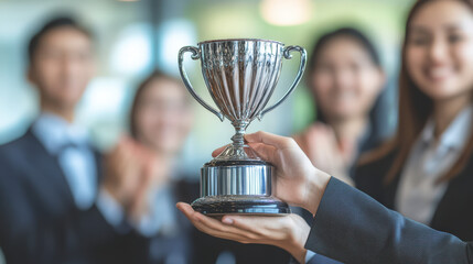 Business people holding trophies in their hands