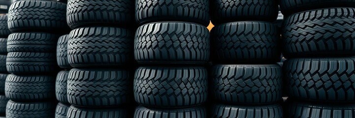 Fototapeta premium A stack of brand new tires arranged neatly in a store ready for sale, industry, tires