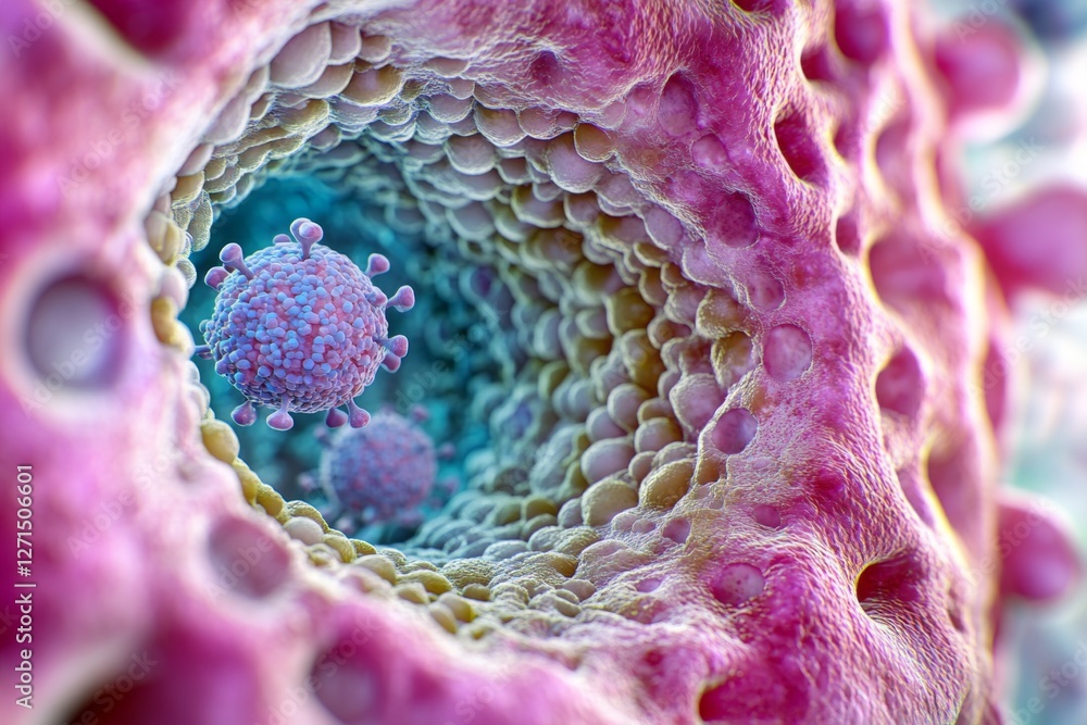Poster a close-up of a virus cell under magnification, showing detailed biological structures
