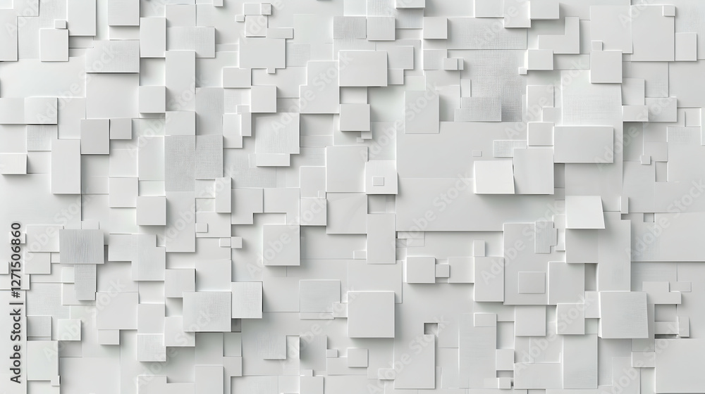 Poster abstract composition of white geometric shapes layered on a smooth surface, creating depth and textu