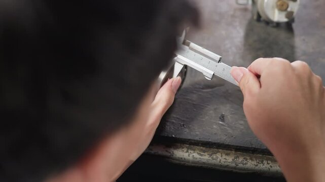 Overhead view of lab technician using vernier caliper to measure diameter of boris on workbench under dim light while recording measurements on nearby tablet. Industrial setting with precision tool