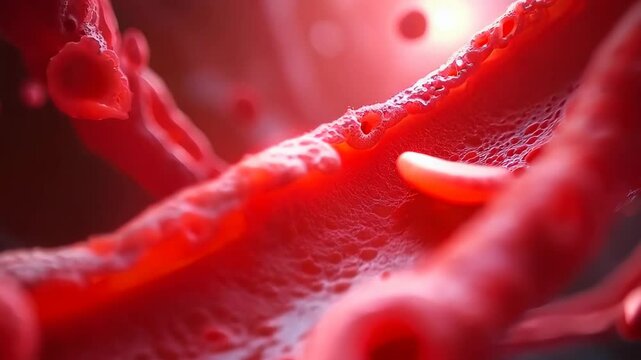 Microscopic View of Blood Vessels and Red Blood Cells in Motion