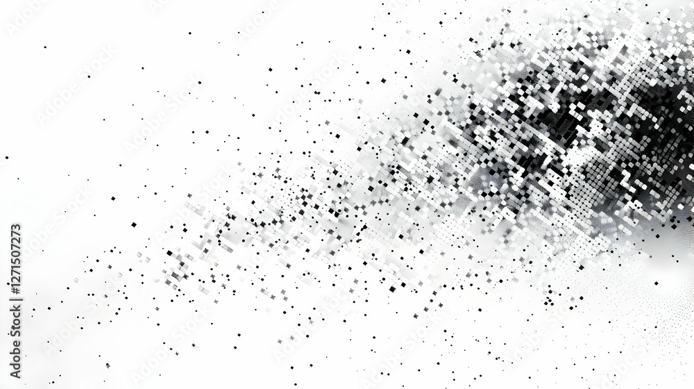 Poster abstract black and white digital pattern with scattered pixels creating a dynamic effect