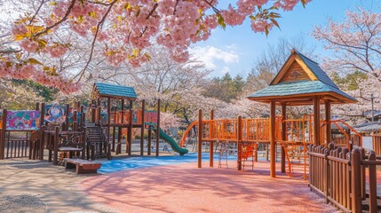 Colorful Playground Surrounded by Cherry Blossom Trees in Spring