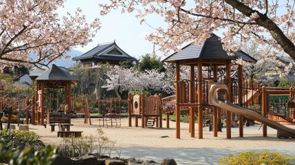 Obraz premium Beautiful Spring Playground Surrounded by Cherry Blossoms and Nature