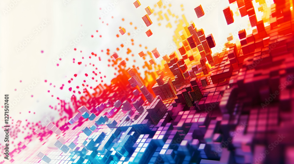 Poster abstract colorful digital landscape with vibrant pixelated structures and dynamic background