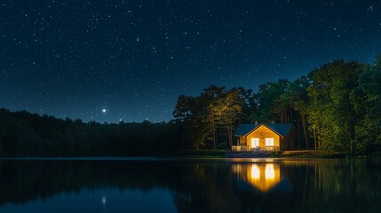 Fototapeta premium Cozy Cabin Under a Starry Sky by Tranquil Lake at Night