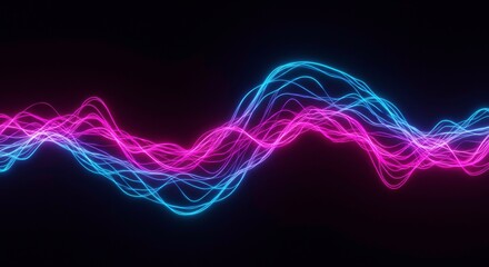 Harmonic Resonance: An abstract visual symphony of vibrant pink and blue waveforms dance against a dark backdrop, evoking a sense of energy, connectivity, and the unseen forces that shape our world. 