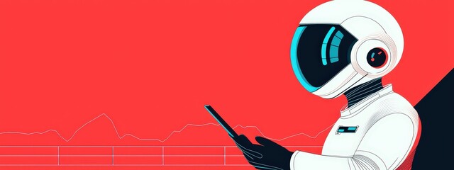 Futuristic Astronaut Using Smartphone Against Bright Red Background