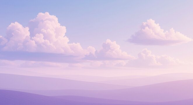 Serene Sky and Rolling Hills: Capturing the tranquility of a dreamy landscape with soft hues of purple and gentle, rolling hills. Fluffy clouds drift lazily across the vast, open sky.