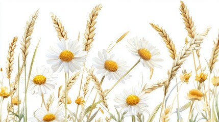 Delicate Floral Border Design with Spring Wildflowers and Golden Wheat on White Background