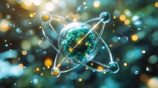 Abstract atom model with green core, orbiting electrons, and bokeh background. - Powered by Adobe