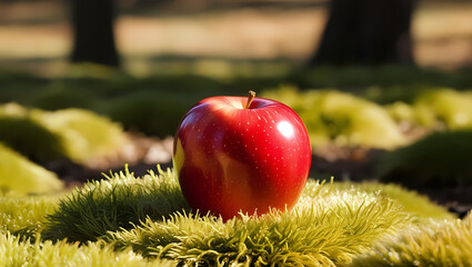 A bright red apple rests on a lush green mossy surface, bathed in warm sunlight. The rich contrast between the apple’s glossy skin and the soft, textured moss creates a visually appealing composition.