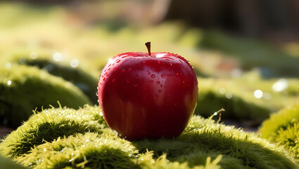 A vibrant red apple sits on a bed of soft green moss, glistening with tiny droplets of water. The shallow depth of field blurs the background, drawing focus to the apple's rich color and glossy textur
