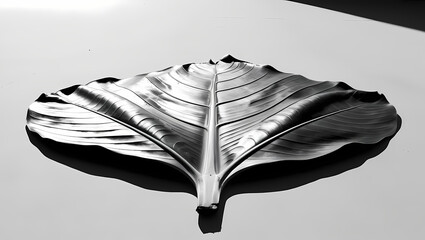 This is a black-and-white close-up shot of a single leaf with a strong central vein running through it. The play of light and shadow accentuates the leaf’s intricate texture, making it look almost scu