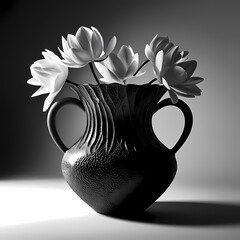 This black-and-white photograph features a classic vase with two handles, elegantly holding a bouquet of flowers. The lighting casts dramatic shadows, emphasizing the intricate texture of the vase and