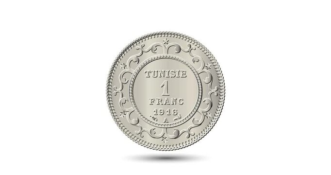 Reverse of Tunisia 1 franc coin. The coin appear on the screen with a captivating style. Animated vector coin. Money animation.