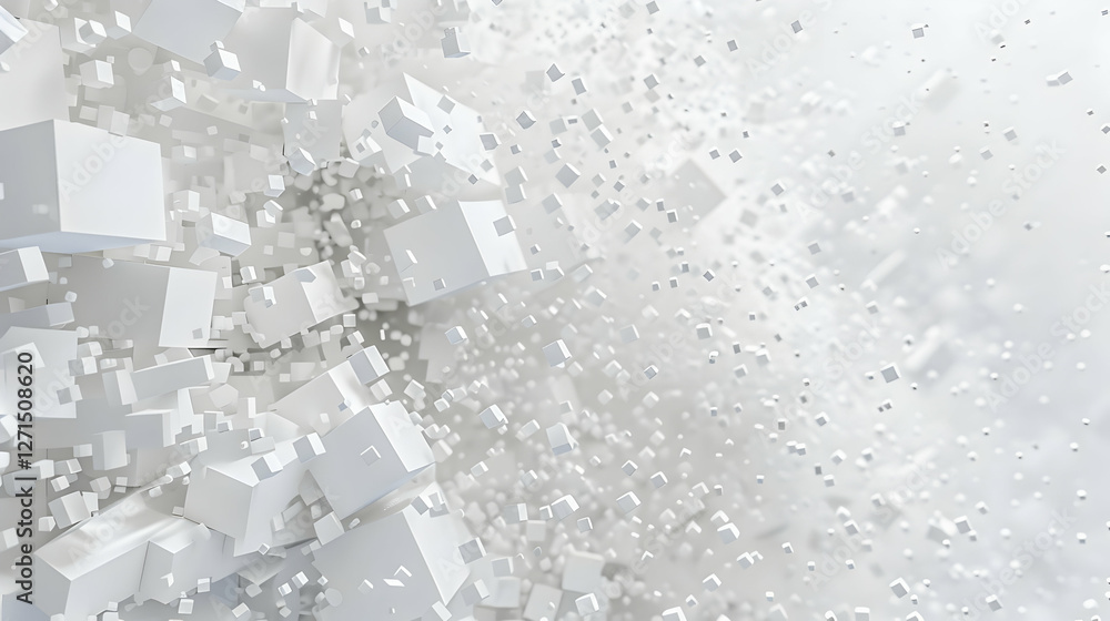 Poster abstract composition of floating white cubes creating a dynamic visual effect in a bright space