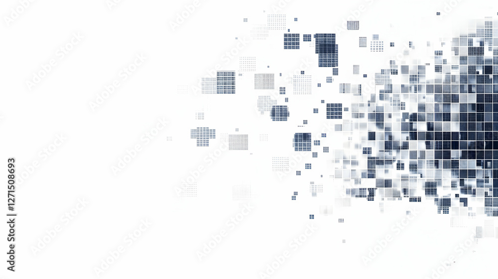 Poster abstract digital art featuring a gradient of blue pixels dispersing on a white background