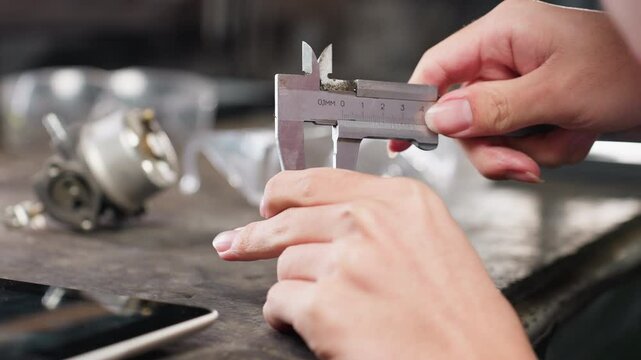 Close-up of student using vernier caliper to measure diameter of boris on workbench under dim light, recording data on tablet, safety goggles, industrial tools scattered in workspace