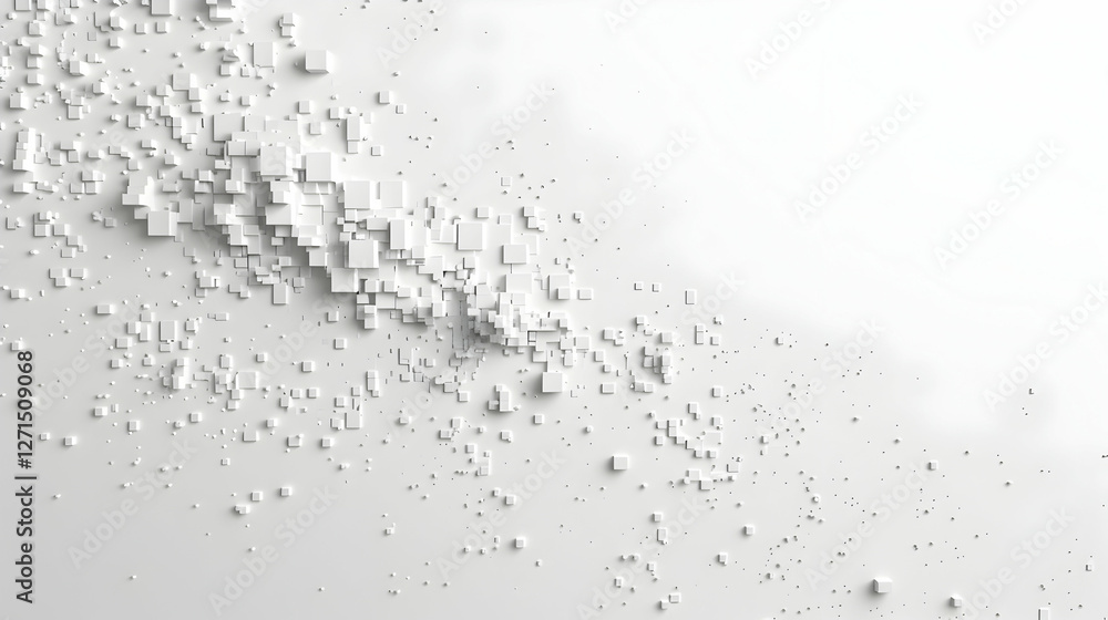 Poster abstract representation of scattered white cubes on a light background, creating a sense of depth