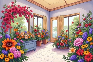 Fototapeta premium Colorful Floral Arrangements in a Sunlit Room with Windows